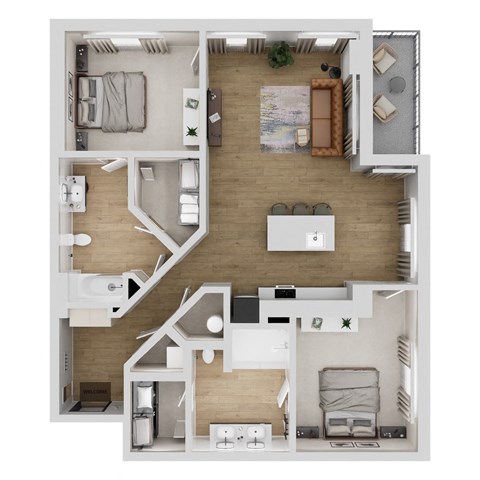 Floor plan for 2 beds, 2 baths, 1091 sqft